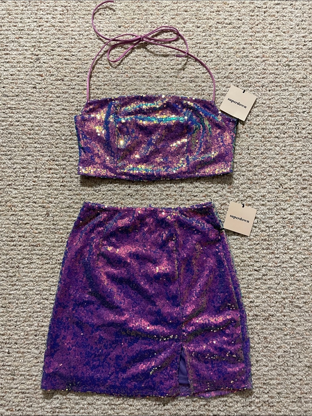 Superdown sequin two-piece set, iridescent purple/pink, size S, NWT